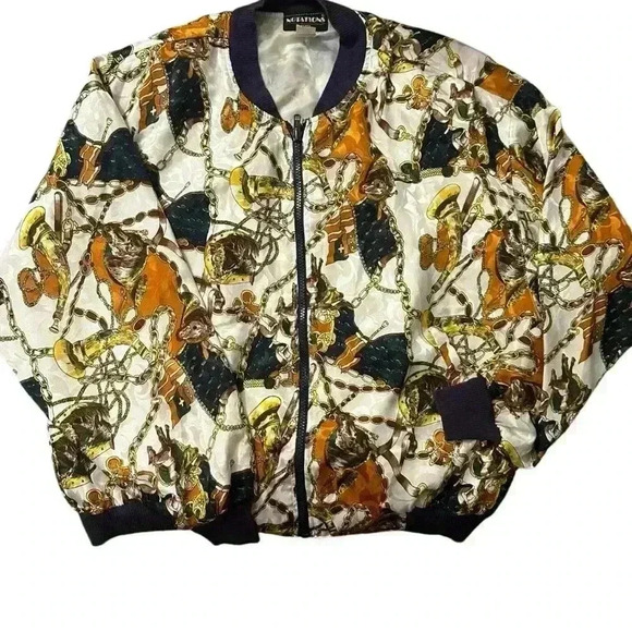 Vintage Horse Jacket White Multicolor Notations Size Medium Statement Equestrian - Picture 1 of 7